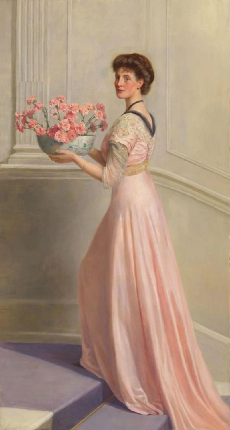 John Collier - 105, Ritratto di una signora in rosa che porta una ciotola di garofani rosa